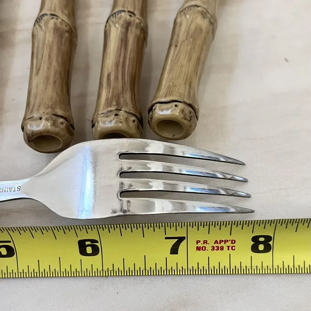 Vintage Faux Bamboo Stainless Steel Flatware 2 Dinner Forks + 4 Knives